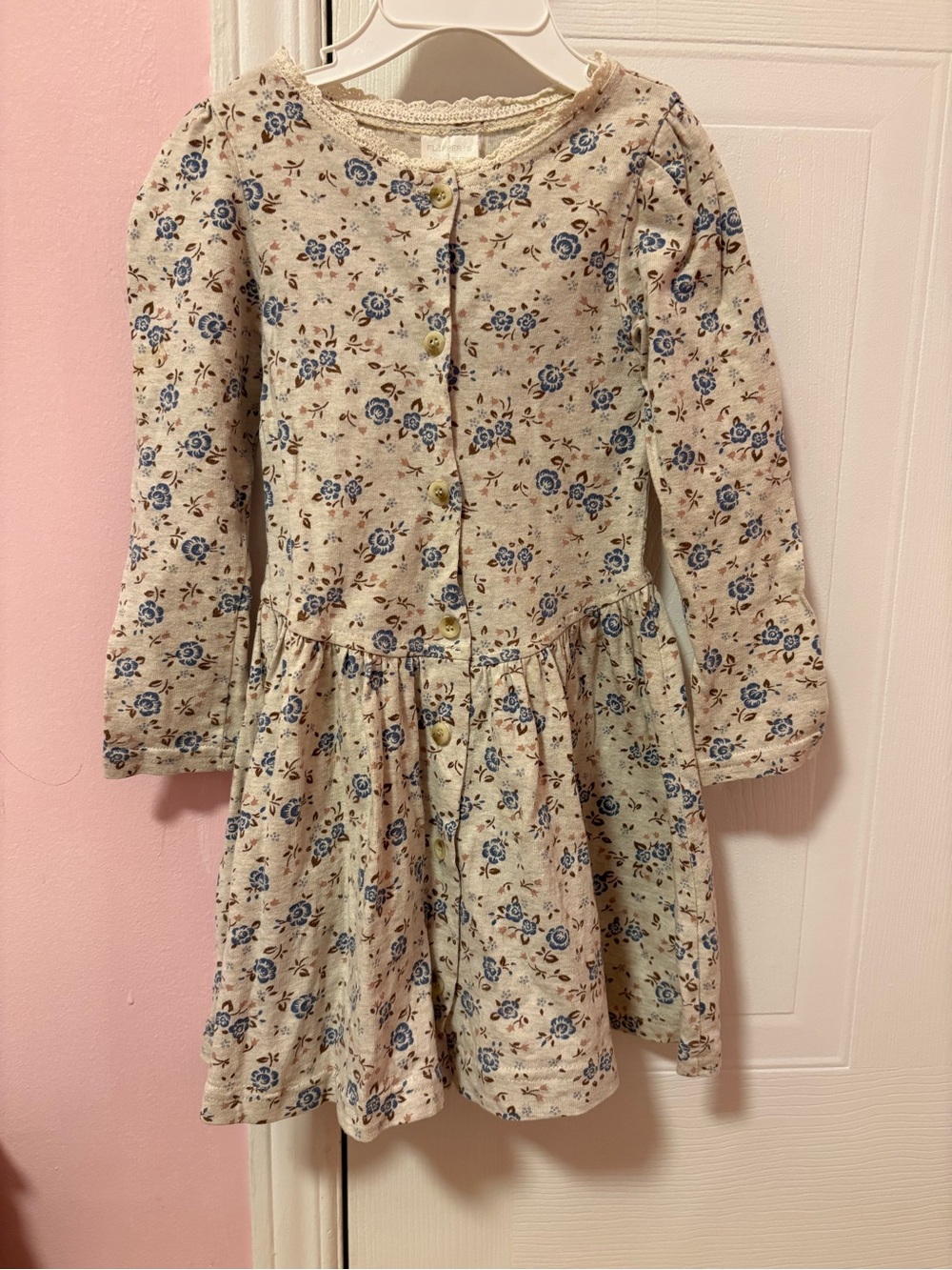 Vintage Girls Cream Floral Long-Sleeve Button Dress 4 years